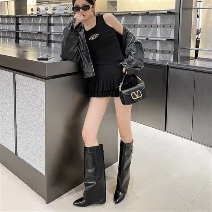 Women Modern Knee-High Boots with Hidden Wedge and Pointed Toe Mune Fashion