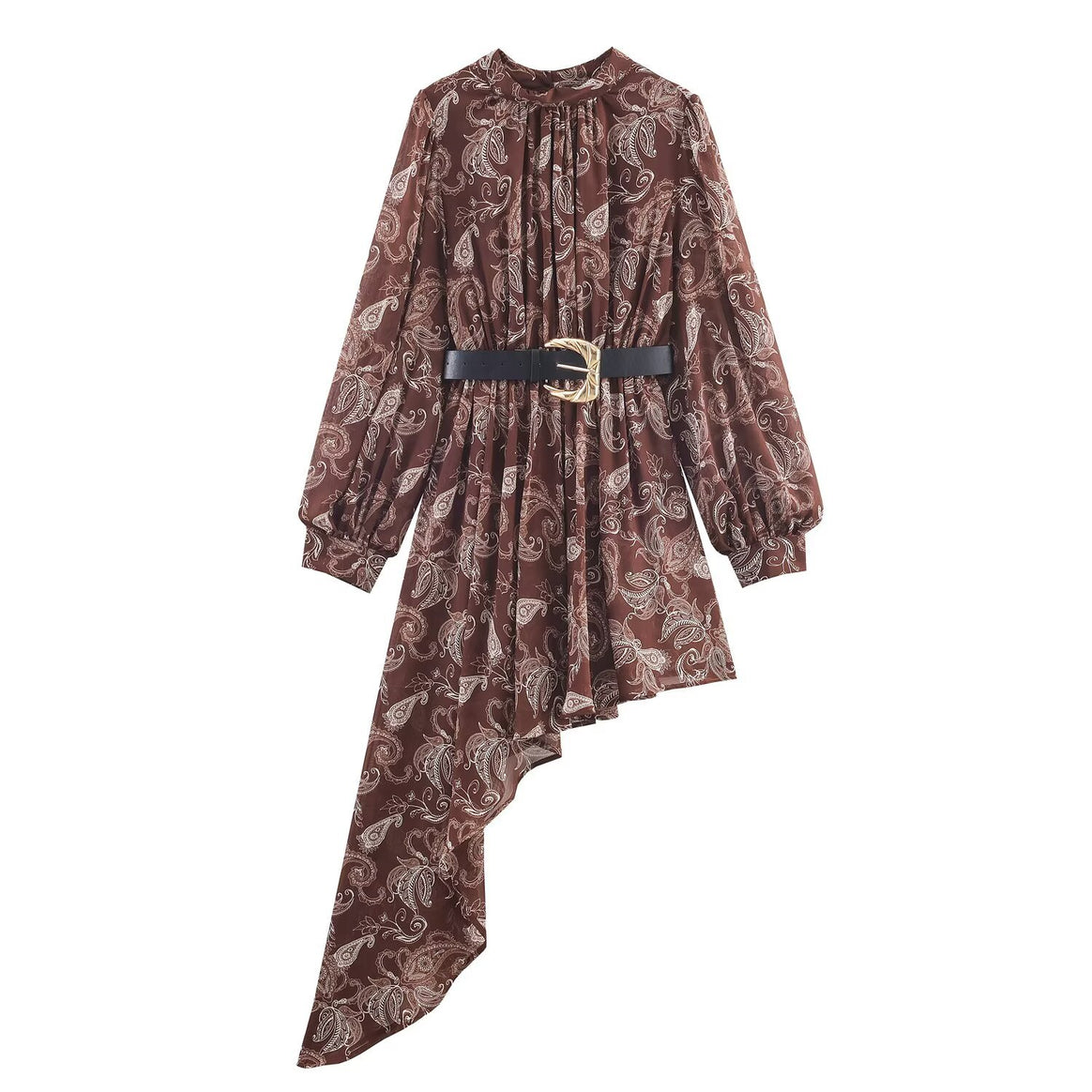 Women's Asymmetrical Paisley Chiffon Mini Dress with Balloon Sleeves and Waist Belt Mune Fashion
