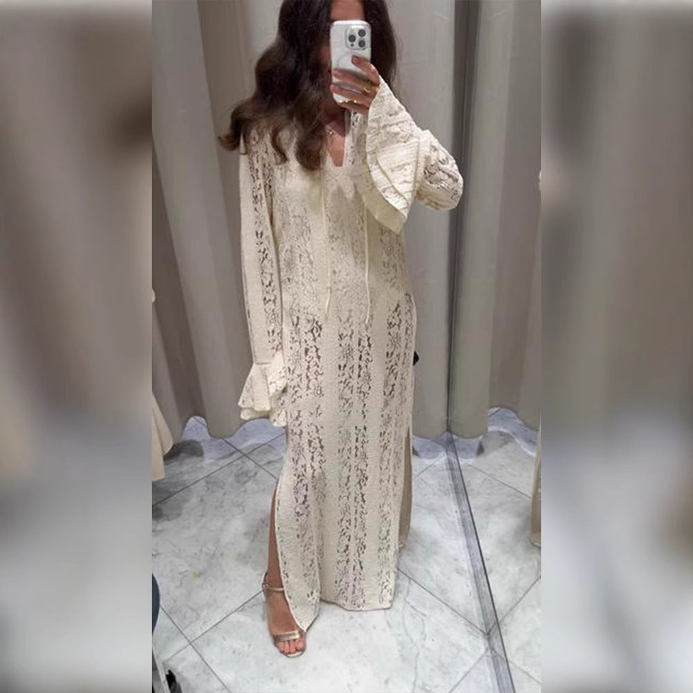 Women's Lace Maxi Dress with V-Neck, Bell Sleeves, and Side Slit Mune Fashion