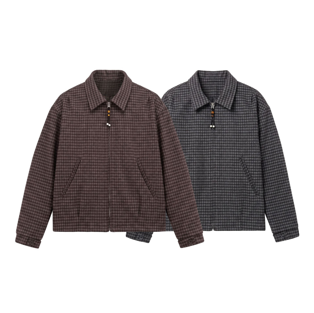 Men's Short-Cut Wool Blend Bomber with Houndstooth Pattern and Concealed Zipper