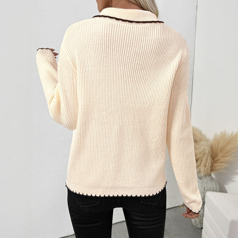 Ladies fine knit cardigan with decorative ribbon closure and contrast edges Mune Fashion