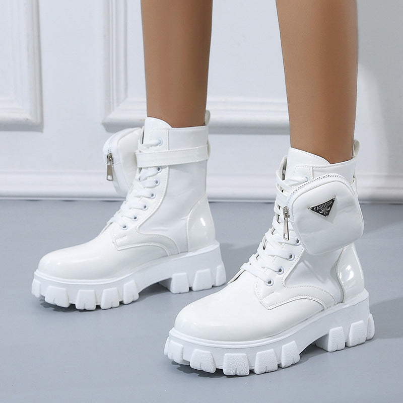 Ladies' lace-up mid-calf boot in utility style with detachable mini pouch and platform profile sole Mune Fashion
