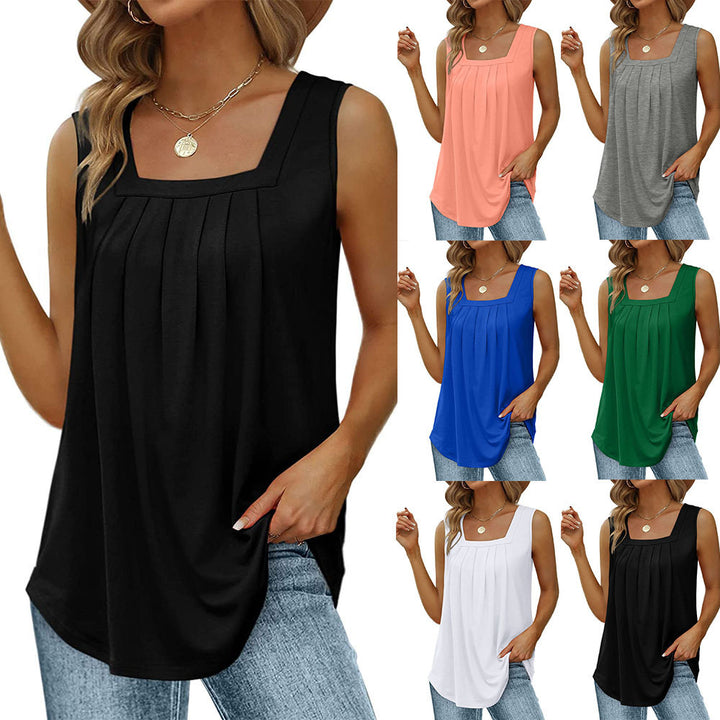 Women sleeveless jersey top with square neckline, decorative tucks and loosely falling A-line silhouette Mune Fashion