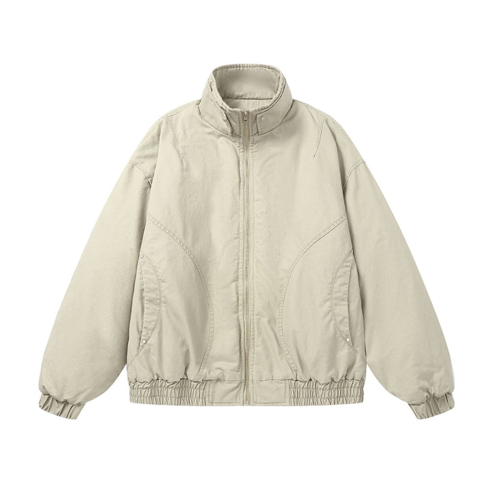 Women's boxy quilted bomber jacket with high stand-up collar and elastic hem