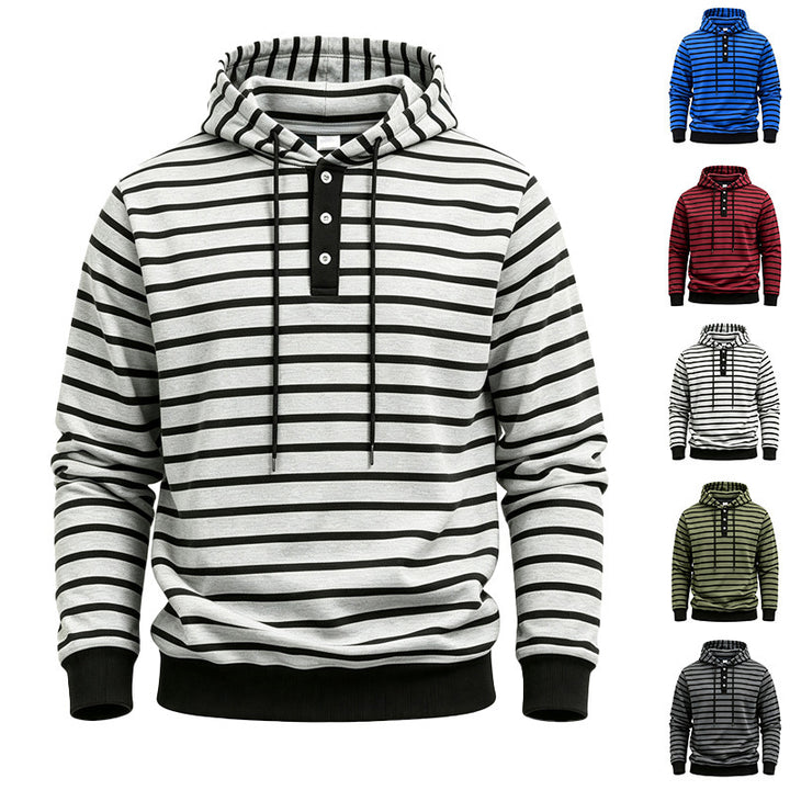 Men's hooded sweater with button placket and trendy stripe pattern Mune Fashion