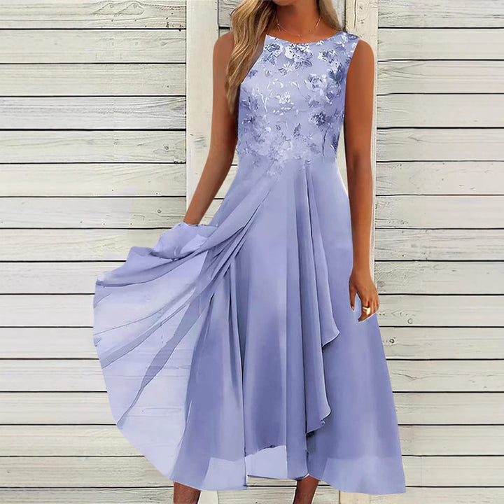 Women’s sleeveless chiffon midi dress with embroidered bodice and asymmetric layered skirt Mune Fashion