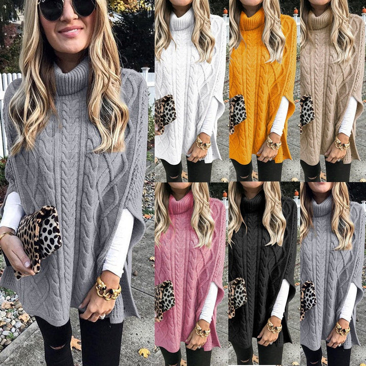 Women's Chunky Knit Poncho with High Collar and Cable Design Mune
