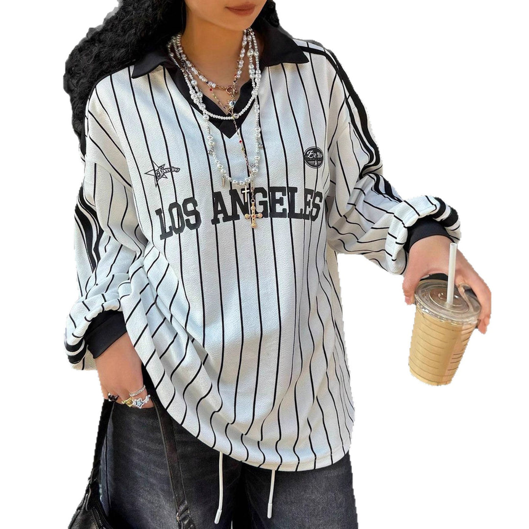 Women Oversize Baseball Polo Shirt with Pinstripes, V-Neck and Drawstring