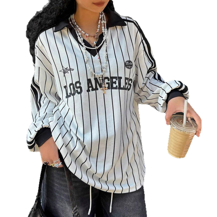 Women Oversize Baseball Polo Shirt with Pinstripes, V-Neck and Drawstring