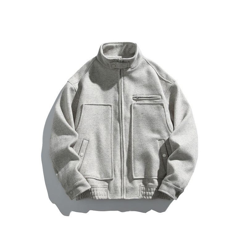Men's short-cut boxy wool blend blouson with stand-up collar, elastic hem, and zippered chest pocket Mune Fashion