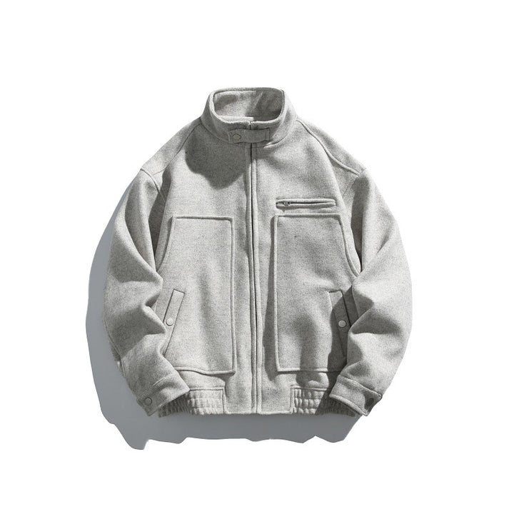Men's short-cut boxy wool blend blouson with stand-up collar, elastic hem, and zippered chest pocket Mune Fashion