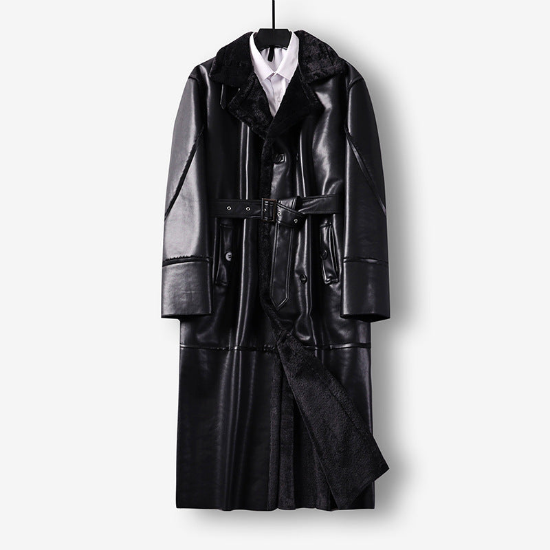 Men's Maxi Long Faux Leather Coat with Teddy Lining and Waist Belt Mune Fashion