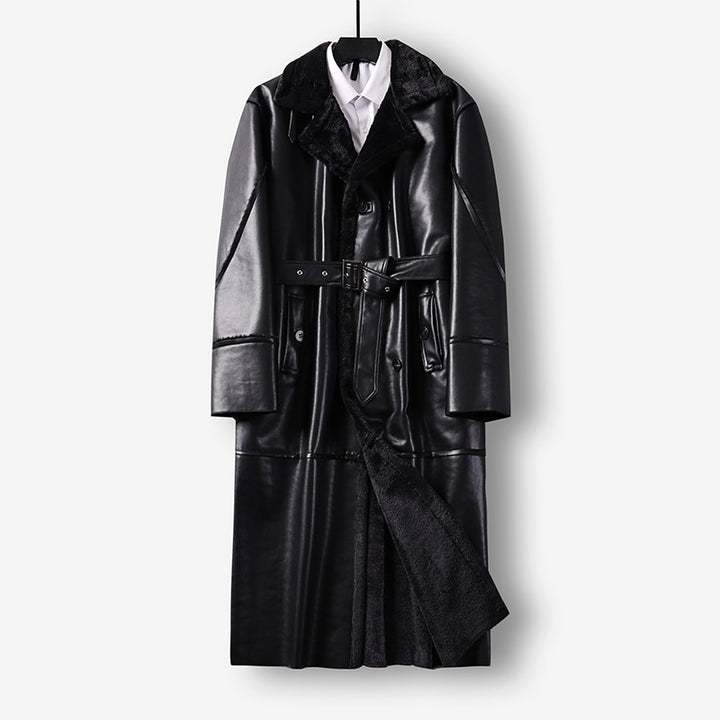 Men's Maxi Long Faux Leather Coat with Teddy Lining and Waist Belt Mune Fashion