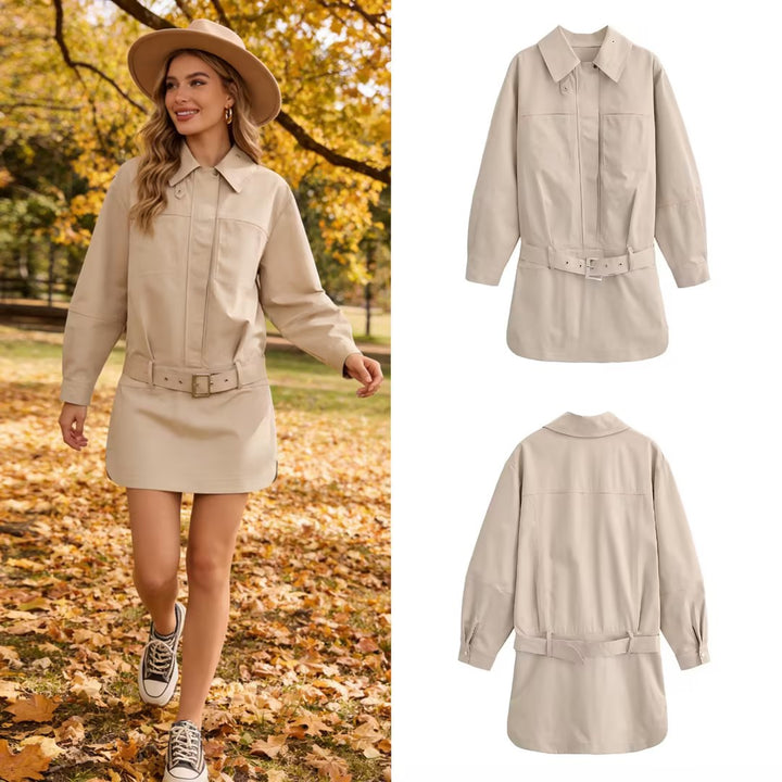Women Oversized Shirt Blouse Jacket with Waist Belt and Concealed Button Placket Mune Fashion