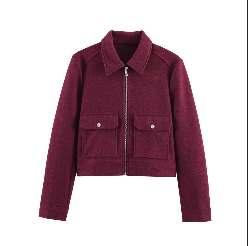 Women's short boxy wool jacket with full zip and patch pockets Mune Fashion