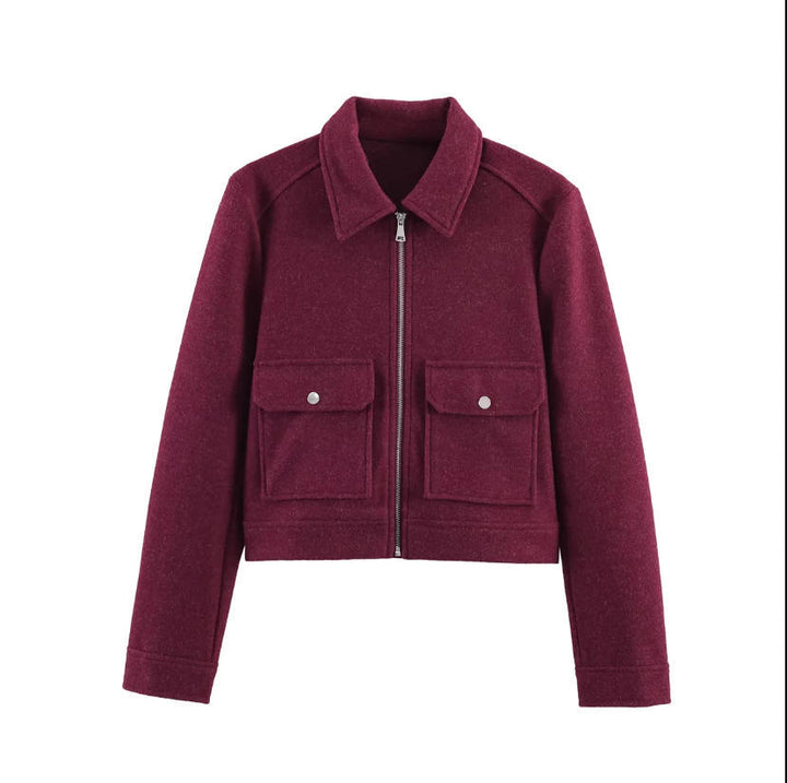 Women's short boxy wool jacket with full zip and patch pockets Mune Fashion