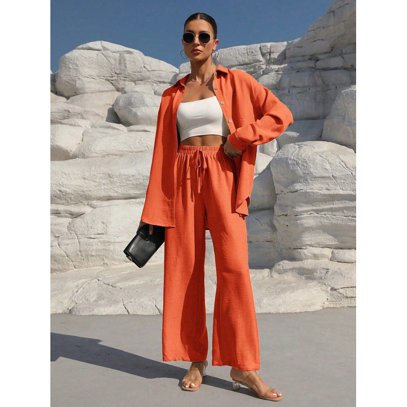 Women's Two-Piece Linen Look Loungewear Set with Oversized Shirt and Wide Comfort Palazzo Mune Fashion