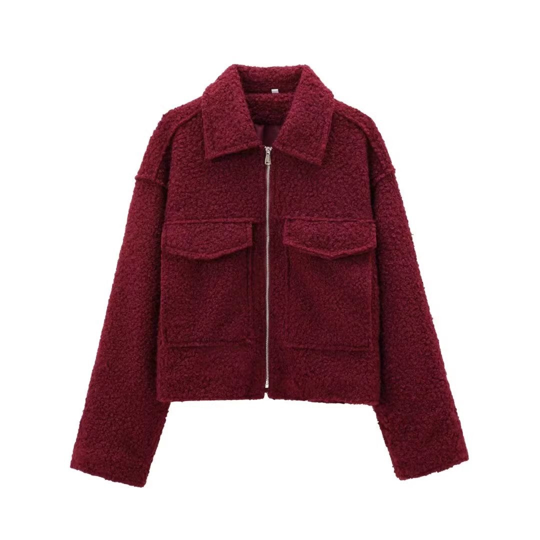 Women's Short Cut Sherpa Jacket with Zip and Flap Pockets Mune Fashion