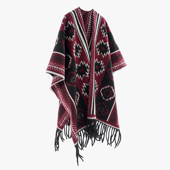 Women's Aztec-inspired fringe poncho cape in oversized rectangular cut Mune Fashion