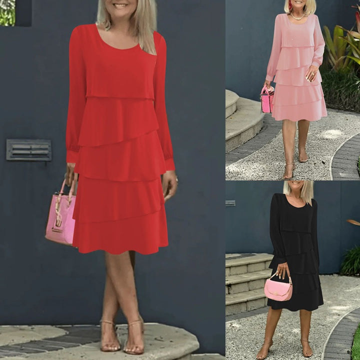 Women Elegant Tiered Midi Dress with Ruffle Layers, Round Neckline and Cuffs