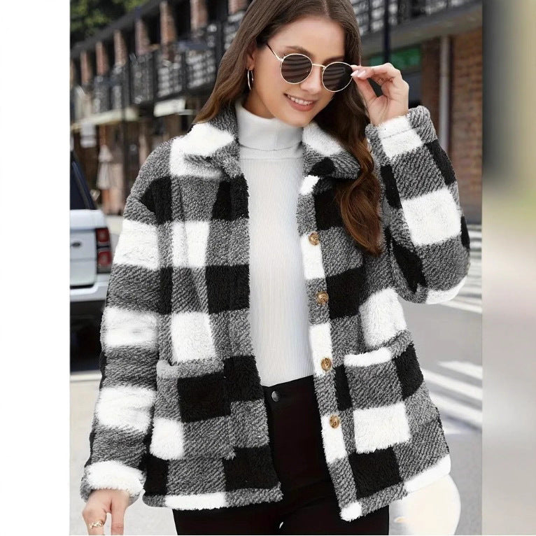 Ladies non-padded checkered teddy fleece shacket with button placket and patch pockets Mune Fashion