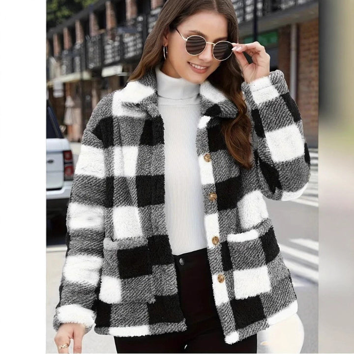 Ladies non-padded checkered teddy fleece shacket with button placket and patch pockets Mune Fashion