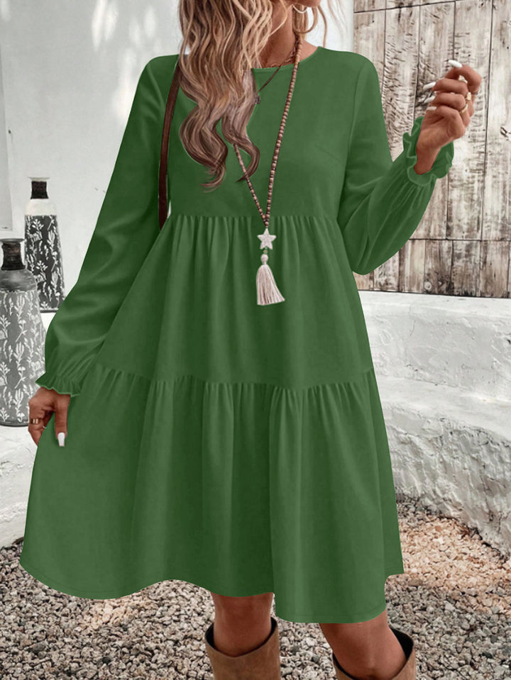 Women Loose Midi Dress in Tiered Look with Gathered Waist Yoke and Ruffle Cuffs Mune Fashion