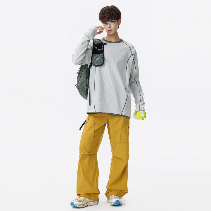 Men's waffle structure long sleeve shirt in oversized cut with contrast flatlock seams and round neckline Drune