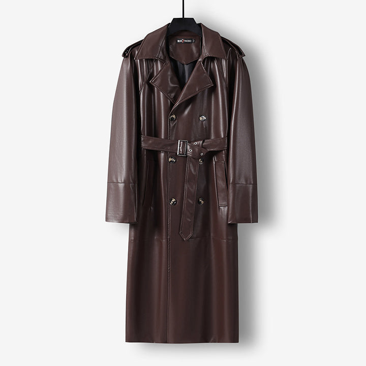 Men's Long Faux Leather Trench Coat with Double Breasted, Belted Waist and Epaulettes Mune Fashion