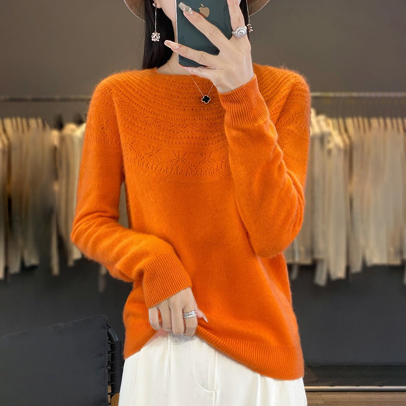 Ladies Soft Ajour-Yoke Round Neck Sweater in Cashmere-Look Fine Knit Mune Fashion