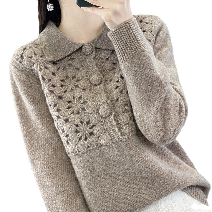 Women's knitted pullover with crocheted openwork trim and polo collar Mune Fashion