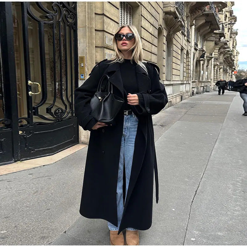 Women long oversized wool coat with wide lapels and belt Mune Fashion
