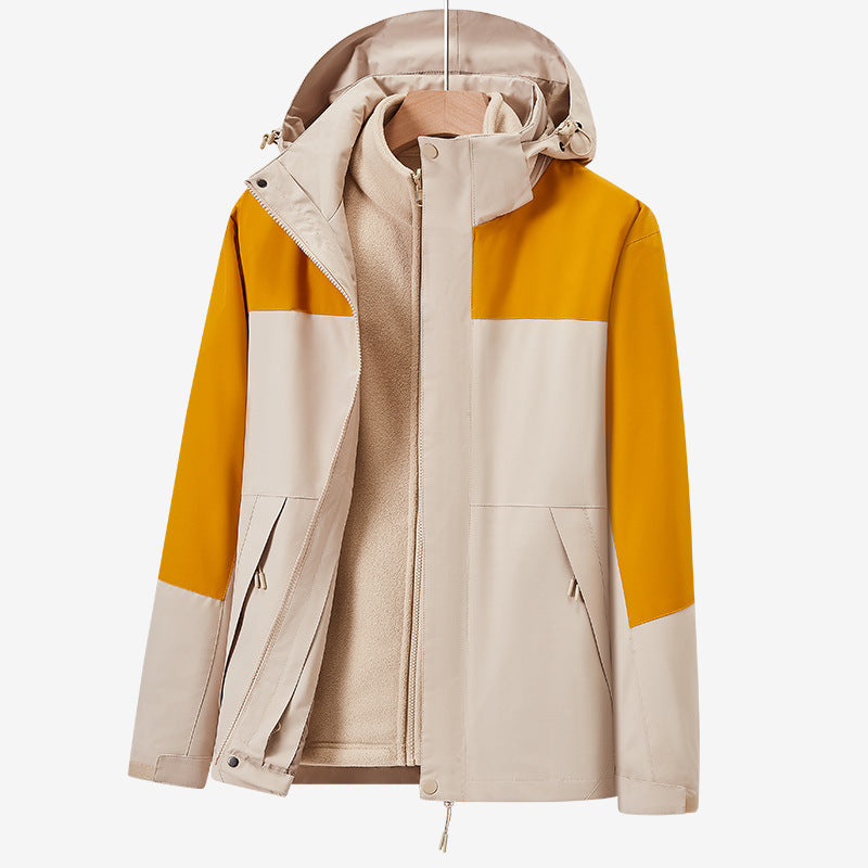 Unisex two-layer water-repellent outdoor jacket with hood and color block design Mune Fashion