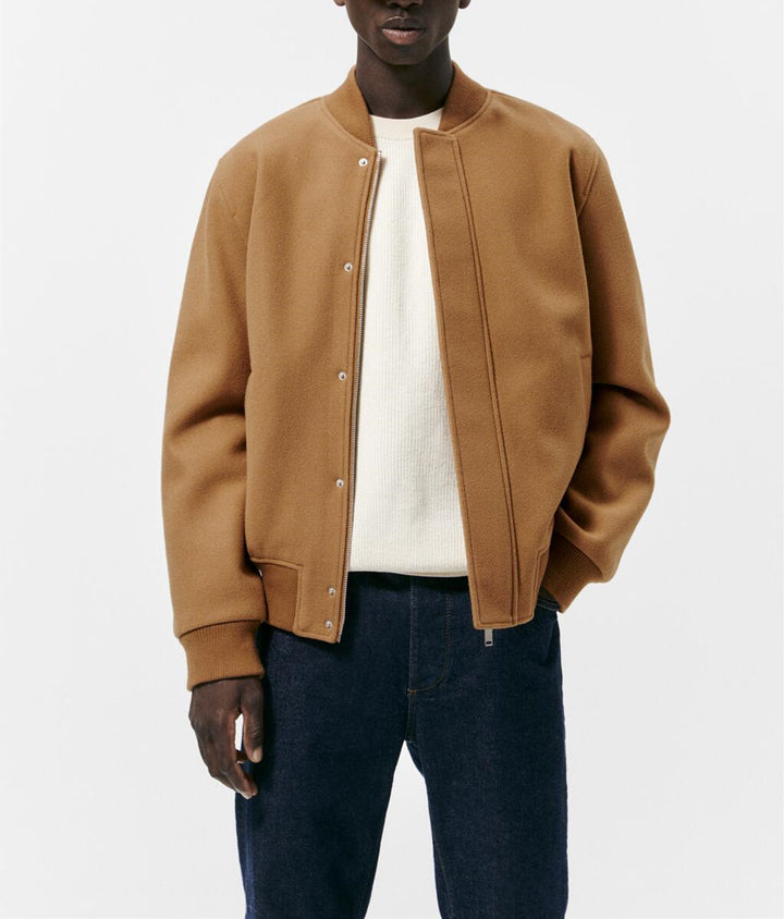 Men's bomber jacket made of wool blend in boxy cut with concealed snap button placket and ribbed cuffs Mune Fashion