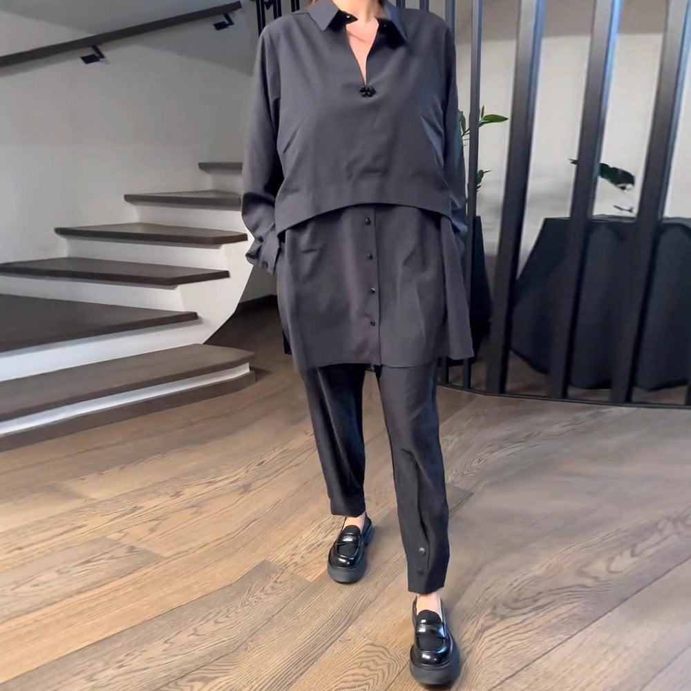 Women's Urban Layered Shirt Set with Overlapping Short Overlay and Tapered Pleated Trousers Mune Fashion