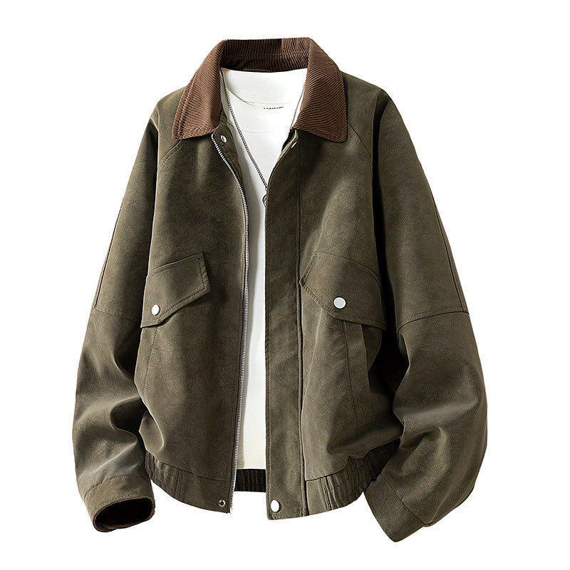 Men's Oversized Velour-Look Transitional Blouson with Shirt Collar, Zipper & Elastic Hem