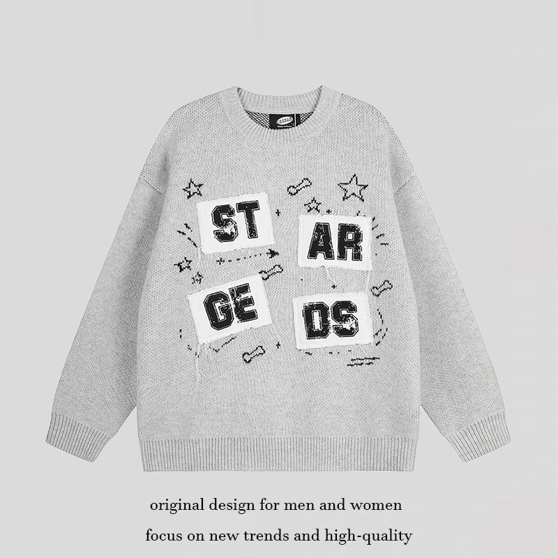 Ladies oversized knit sweater with round neck, appliqués, and vintage letter patches Mune Fashion
