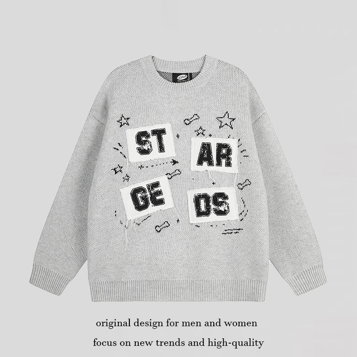 Ladies oversized knit sweater with round neck, appliqués, and vintage letter patches Mune Fashion