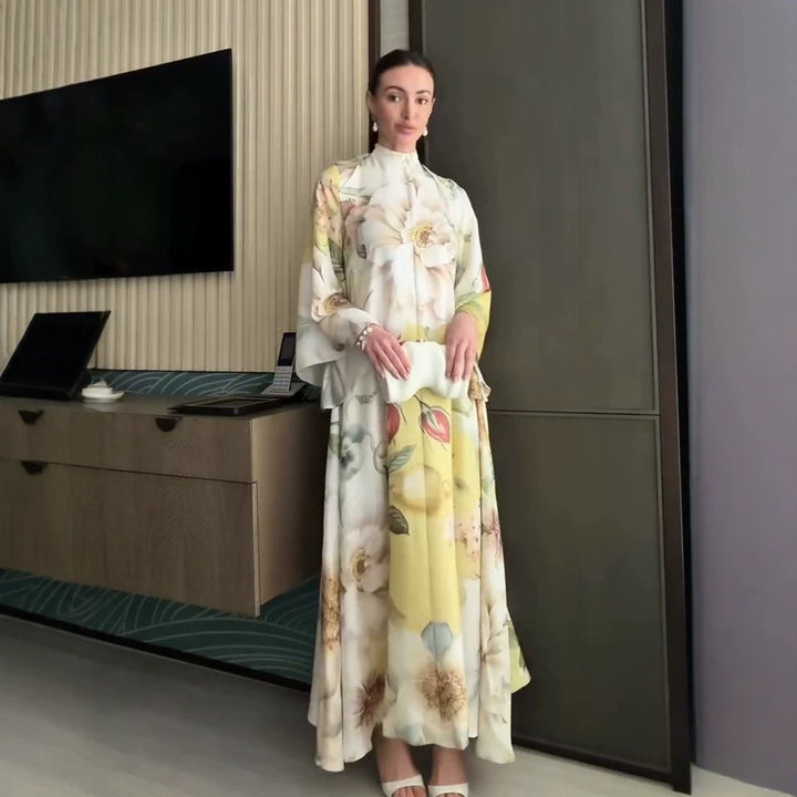 Women Floral Maxi Dress with High Stand Collar and Wide Bell Sleeves Mune Fashion