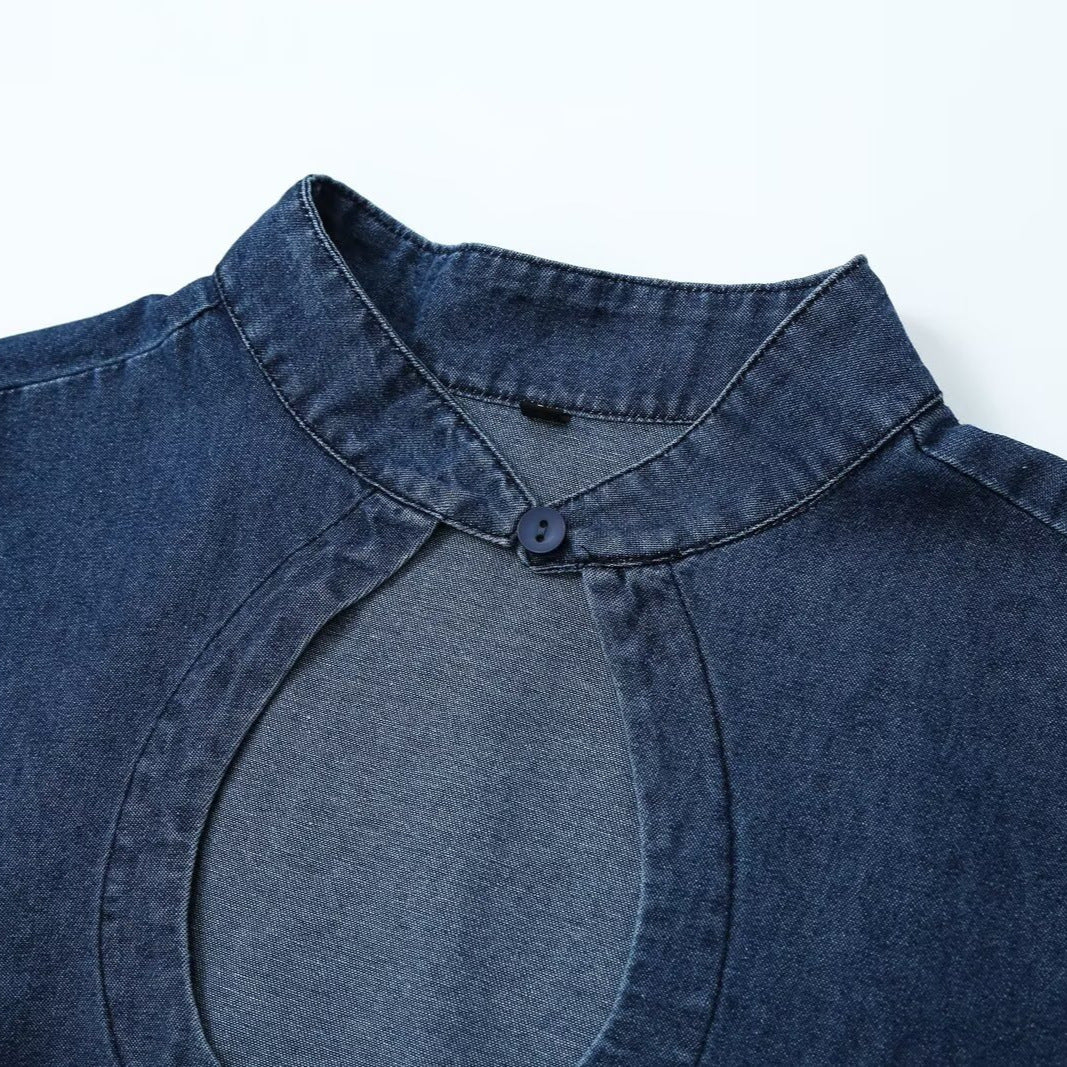 Women's Tailored Jeans Top with Keyhole Cutout and Full Button Placket Mune Fashion