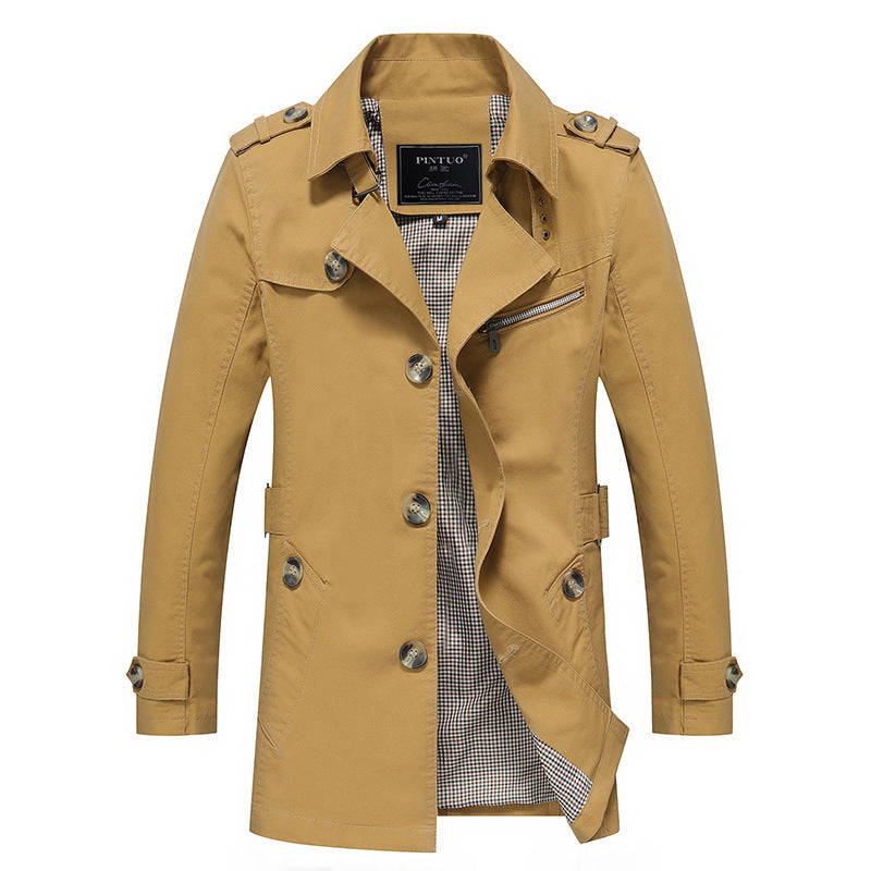 Men's trench coat in field style with stand-up collar, shoulder epaulettes, and checked inner lining Mune Fashion
