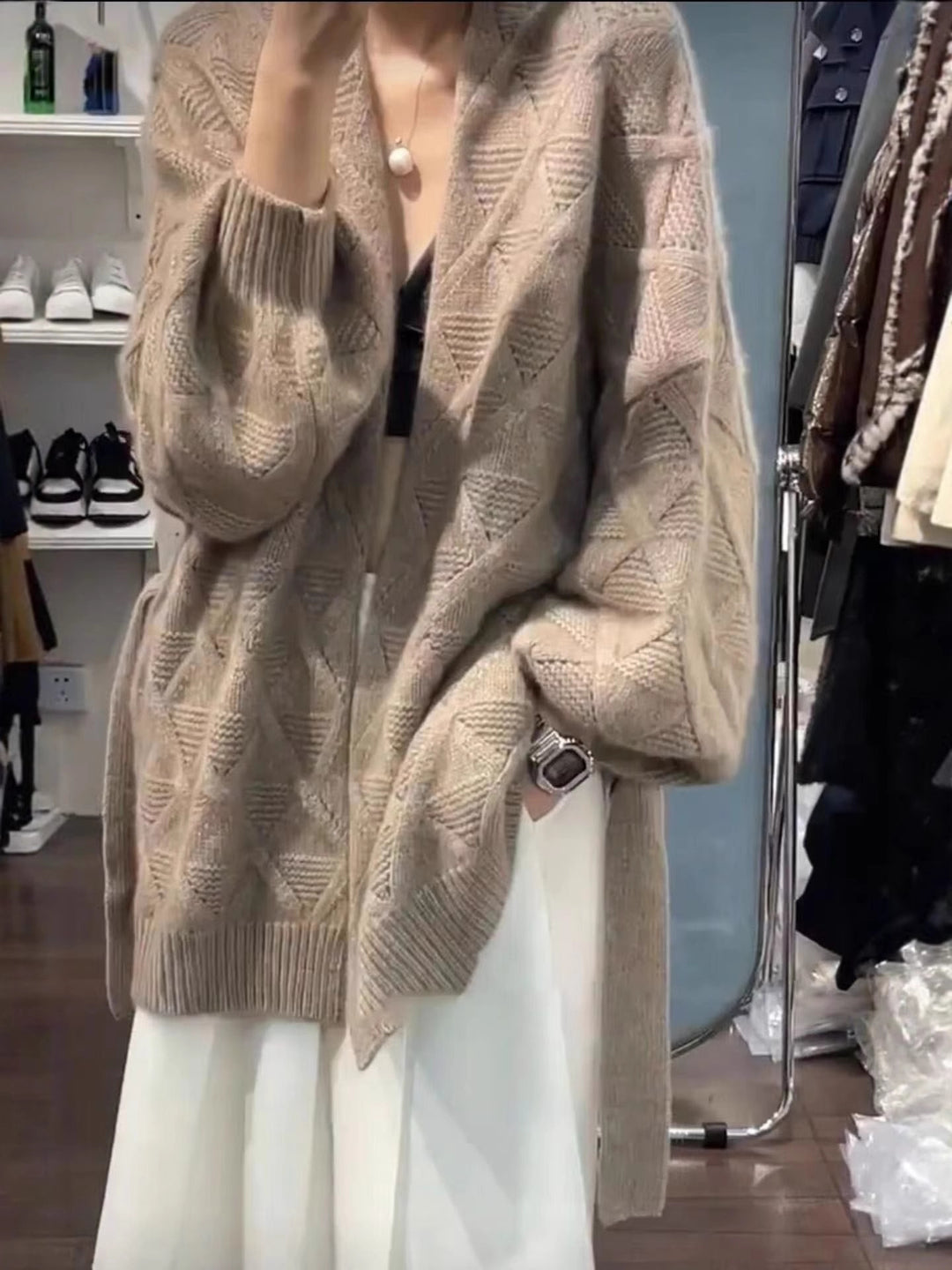 Women's Oversized Cardigan in Mohair Look with Cable Pattern Mune Fashion