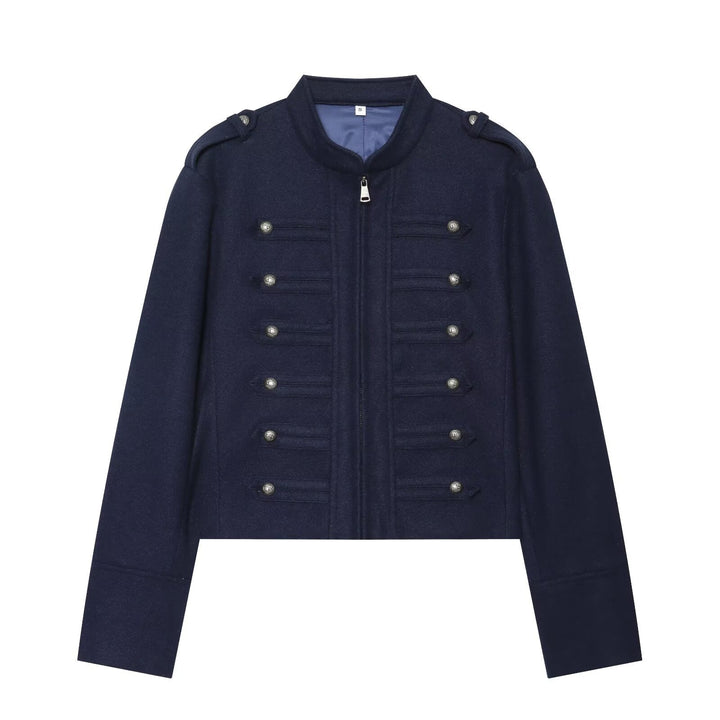 Women's Military Inspired Cropped Wool Blend Jacket with Decorative Button Placket and Stand-Up Collar Mune Fashion