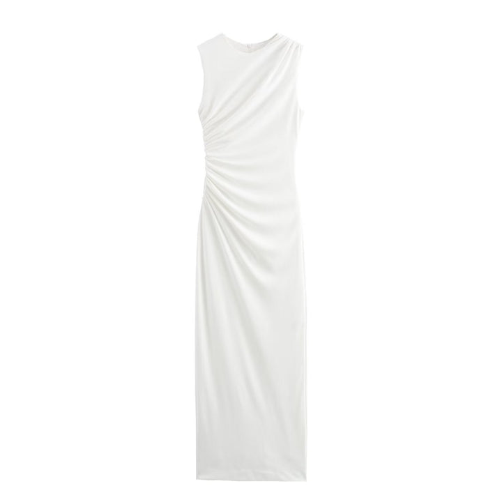 Mune Fashion | Solid Color Round Neck Sleeveless Folded Slim Fit Dress