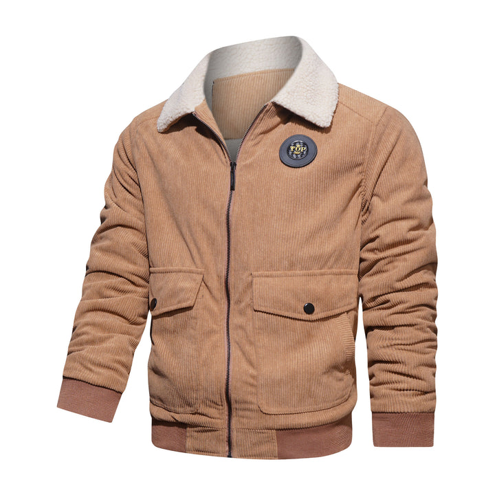 Men's corduroy bomber jacket with teddy lining, high collar, and patch pockets