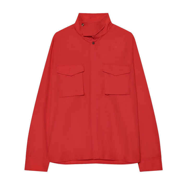 Women's Lightweight Utility Shirt with High Stand Collar and Patch Chest Pockets Drune