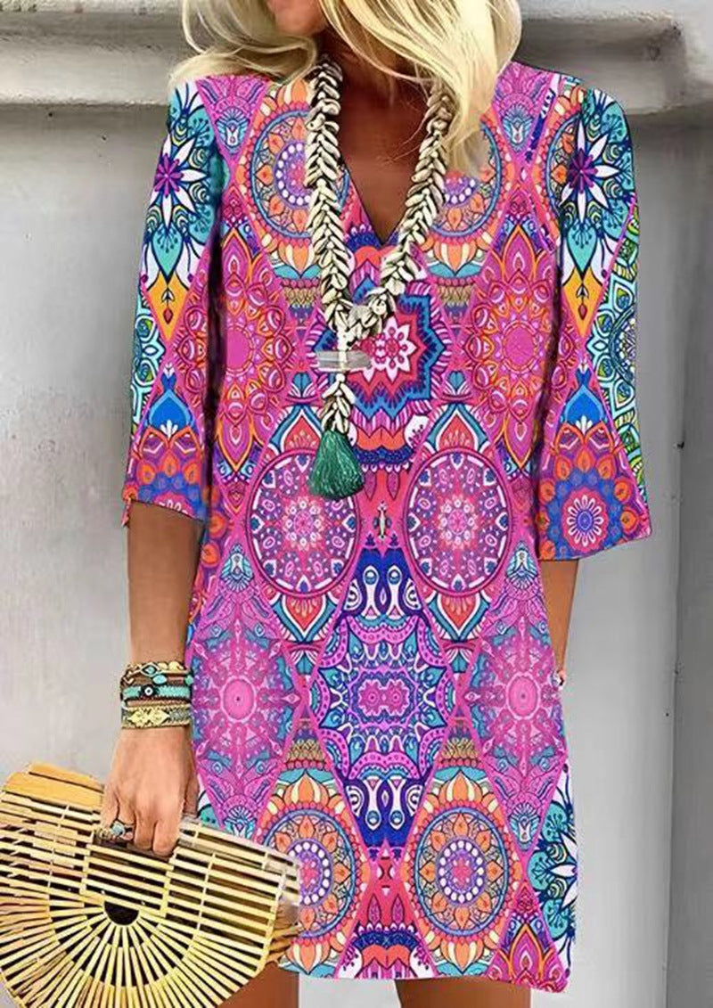 Women's short Boho tunic mini dress with V-neck, mandala all-over print and three-quarter sleeves Mune Fashion