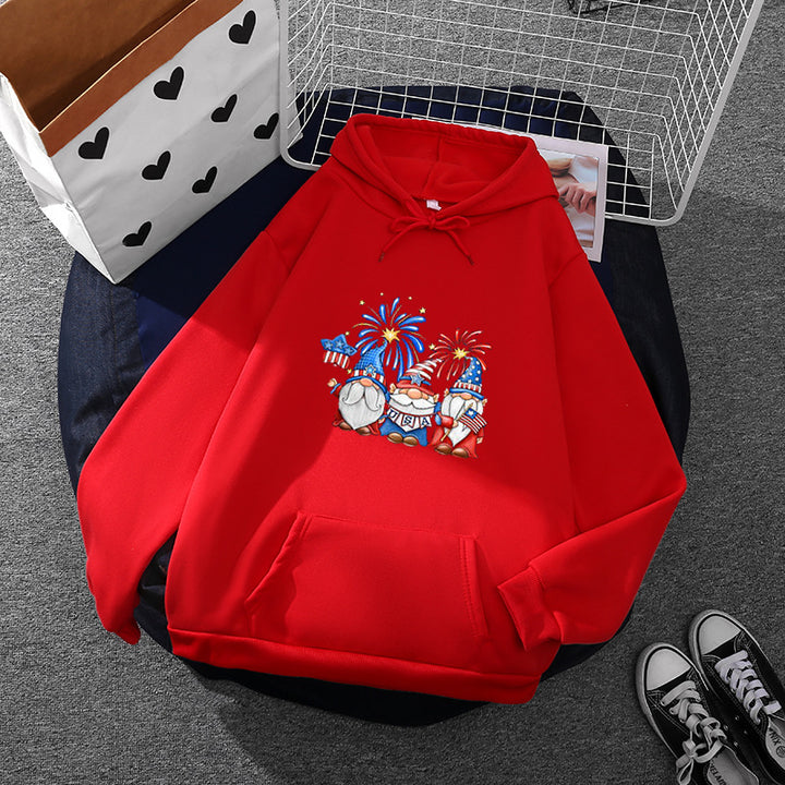 Women's hoodie with patriotic garden gnome print, brushed fleece lining, oversized cut, and kangaroo pocket Mune Fashion