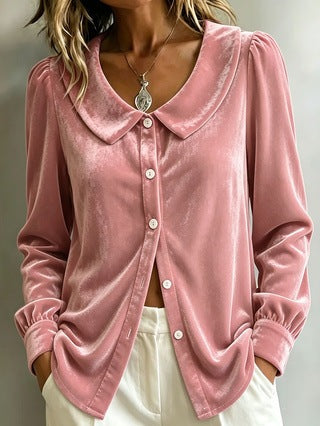 Ladies velvet shirt blouse with Peter Pan collar and mother-of-pearl button placket Mune Fashion