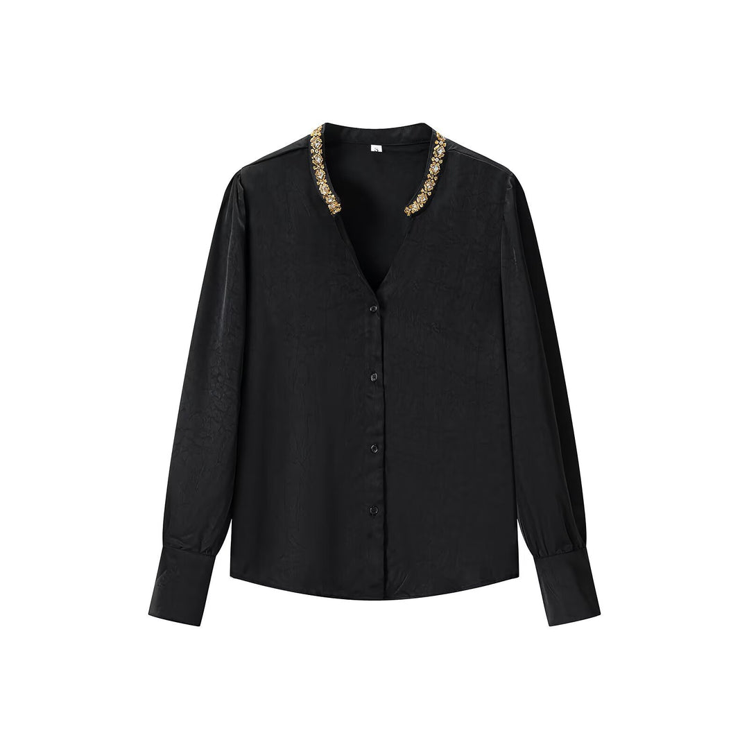 Women's Shimmering Blouse with Decorated Jewelry Collar and Gathered Balloon Sleeves Mune Fashion